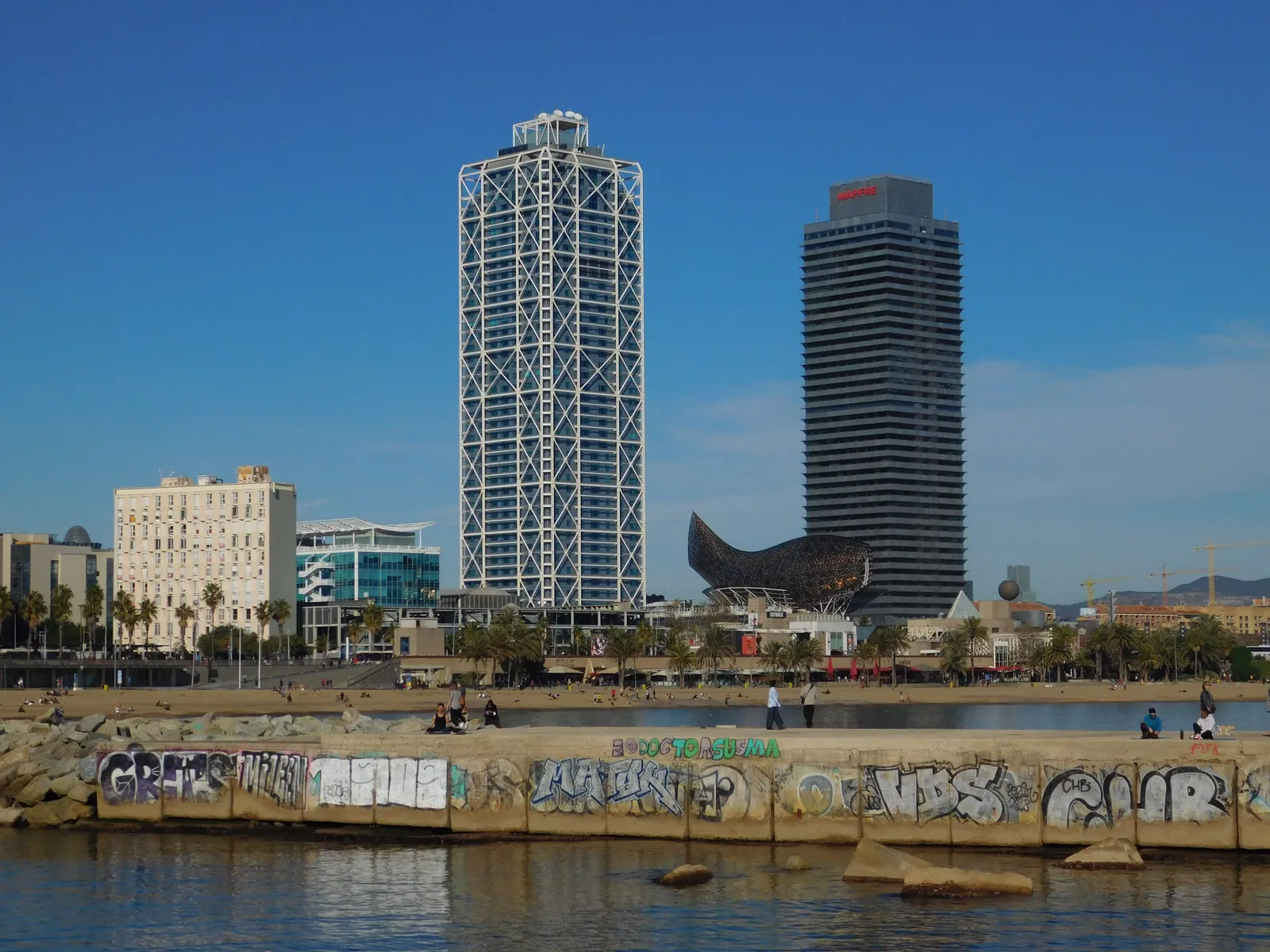 טיילת חוף ברצלונטה עם דקלים ומתרחצים, ברצלונה, ספרד