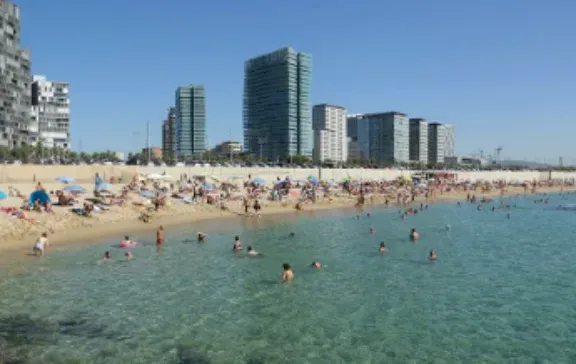 רוחצים במים רדודים וטורי שמשיות על החול, עם מגדלי מגורים מאחור