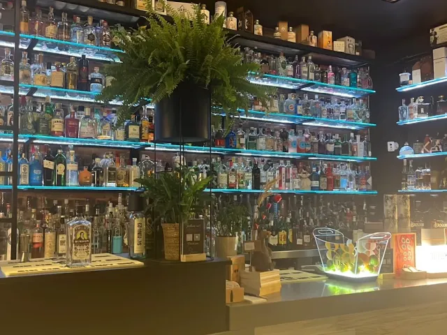 קיר מדפי זכוכית מוארים בטורקיז ועמוסים בבקבוקים, עם שרכים תלויים ביניהם