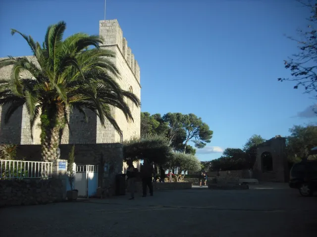 כיכר כפרית עם בתי אבן ועצי צל