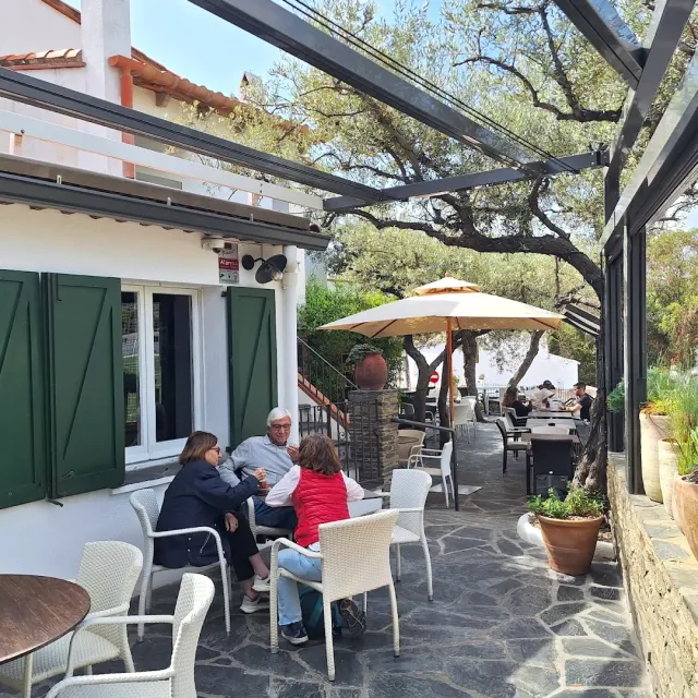 מרפסת מרוצפת תחת גגון זכוכית עם כיסאות לבנים, שמשייה ועצי זית