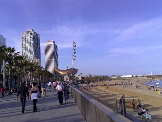 טיילת חוף עם דקלים ומטיילים ומגדל מלון מעל החול